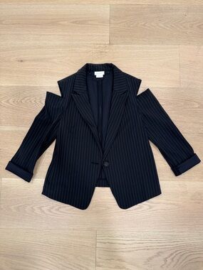 Miss Sixty Black Pinstripe Cold-Shoulder Blazer with Notch Lapel